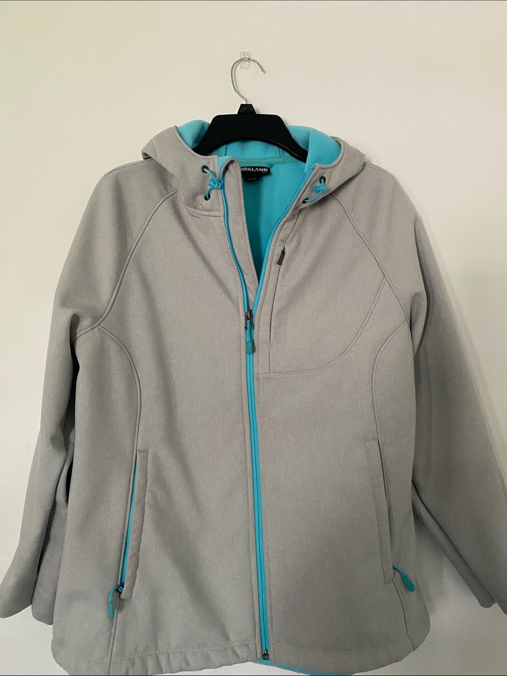 Kirkland Signature Light Gray Hooded Jacket with Aqua Trim